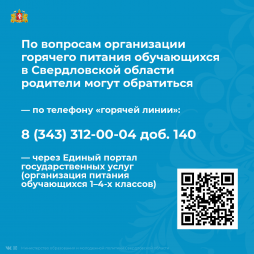 По вопросам организации горячего питания обучающихся в Свердловской области родители могут обратиться через госуслуги: https://www.gosuslugi.ru/10090/1